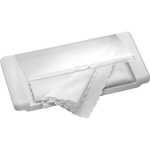 Mikrofasertuch 'Box' , weiß, glasklar, ABS+MF, 9,00cm x 1,00cm x 4,70cm (Länge x Höhe x Breite)