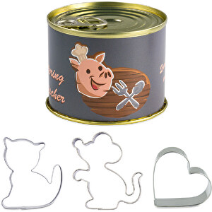 Backförmchen-Konserve - Katze + Maus + Herz , individuell, Edelstahl, Kunststoff, Papier, 