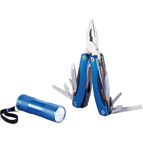 Multitool Und Taschenlampen Set, Blau , blau, Edelstahl, 11,00cm x 2,00cm (Länge x Höhe), Bild 1