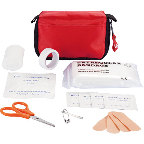 Erste Hilfe Set In Tasche , rot, Polyester, Metall, 13,00cm x 8,00cm x 3,00cm (Länge x Höhe x Breite), Bild 1