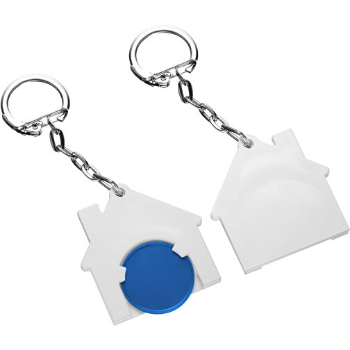 Chiphalter Mit 1€-Chip 'Haus' , blau, weiss, ABS+MET, 4,40cm x 0,40cm x 4,10cm (Länge x Höhe x Breite), Bild 1
