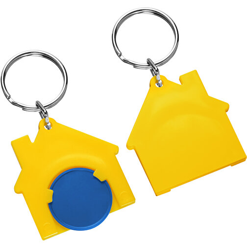 Chiphalter Mit 1€-Chip 'Haus' , blau, gelb, ABS+MET, 4,40cm x 0,40cm x 4,10cm (Länge x Höhe x Breite), Bild 1