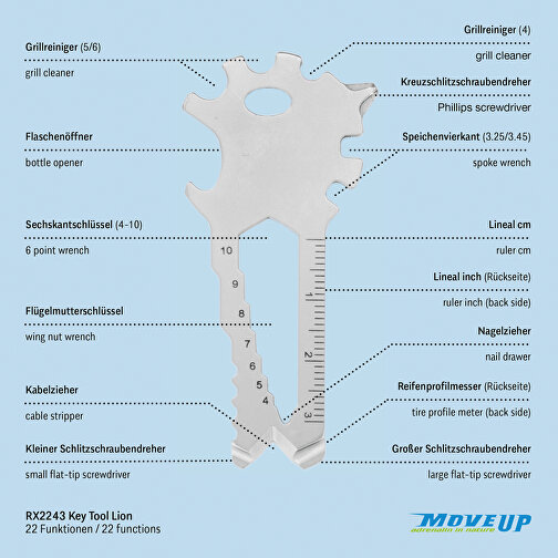 ROMINOX® Key Tool // Lion - 22 Funktionen , Edelstahl, 7,00cm x 0,23cm x 3,20cm (Länge x Höhe x Breite), Bild 9