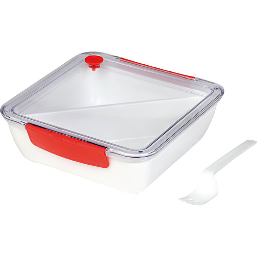 Lunchbox DELICIOUS , rot, weiß, Kunststoff / Silikon, 18,80cm x 6,40cm x 19,50cm (Länge x Höhe x Breite), Bild 1