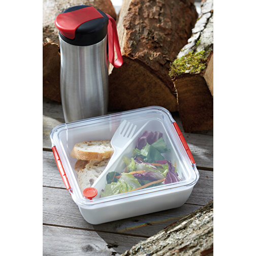 Lunchbox DELICIOUS , rot, weiss, Kunststoff / Silikon, 18,80cm x 6,40cm x 19,50cm (Länge x Höhe x Breite), Bild 3
