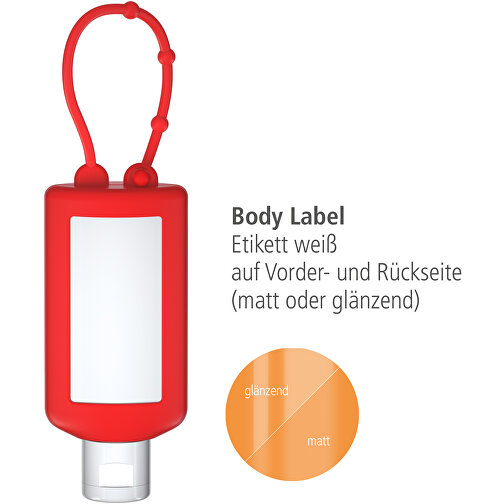 Sonnenmilch LSF 30, 50 Ml Bumper Rot, Body Label (R-PET) , rot, Kunststoff (100% recycelt), Folie, Silikon, 2,20cm x 12,00cm x 4,70cm (Länge x Höhe x Breite), Bild 3
