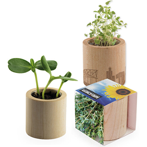 Pot rond en bois avec graines - Thym,Gravure laser 360°, Image 1
