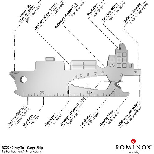 ROMINOX® Key Tool // Cargo Ship - 19 Functions (Containerschiff) , Edelstahl, 7,30cm x 0,23cm x 2,90cm (Länge x Höhe x Breite), Bild 8