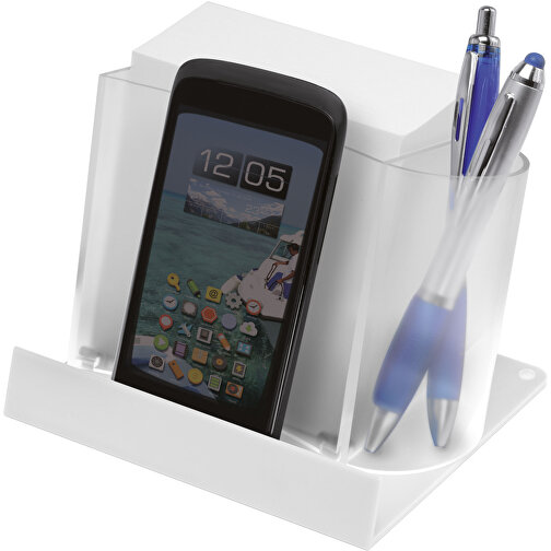 Smartphone-/Tabletständer Mit Zettelbox , gefrostet glasklar, weiß, PS+PAP, 12,50cm x 9,00cm x 10,50cm (Länge x Höhe x Breite), Bild 1