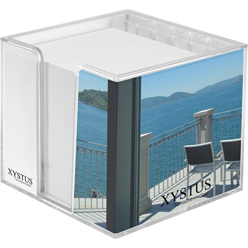 Zettelbox 'Sigma', Doppelwandig Mit Köcher , glasklar, PS+PAP, 10,50cm x 9,00cm x 10,50cm (Länge x Höhe x Breite), Bild 1