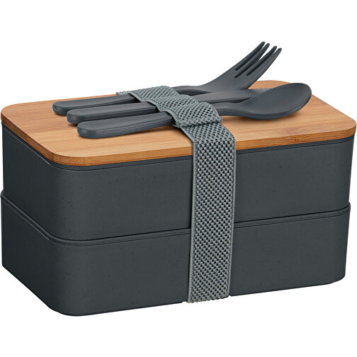 Ökologische Doppel-Lunchbox Mit Bambus-Schneidebrett Und Besteck , grau, Bambus, 100% PP, 18,00cm x 9,20cm x 10,50cm (Länge x Höhe x Breite), Bild 3