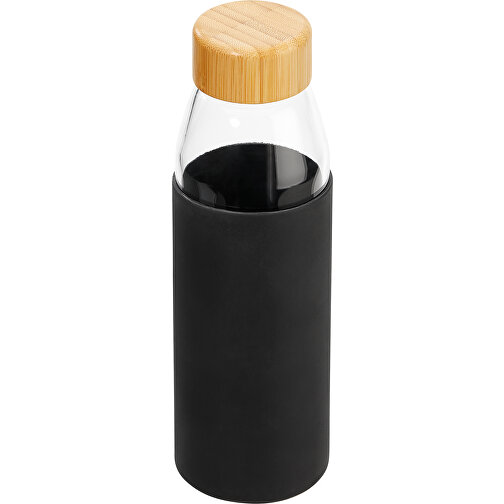 Hitzebeständige Glas-Trinkflasche 0,5 L Mit Bambusdeckel, Silikonmanschette Und Geschenkbox , schwarz, Glas, Silikon, Bambus, 22,50cm (Höhe), Bild 5