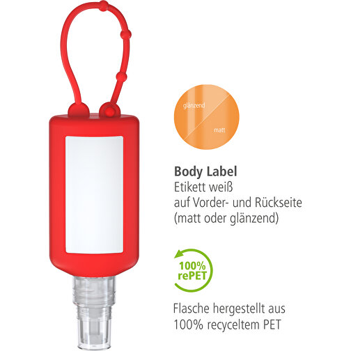 Hände-Desinfektionsspray (DIN EN 1500), 50 Ml Bumper Rot, Body Label (R-PET) , rot, Kunststoff (100% recycelt), Folie, Silikon, 2,20cm x 14,00cm x 4,70cm (Länge x Höhe x Breite), Bild 3