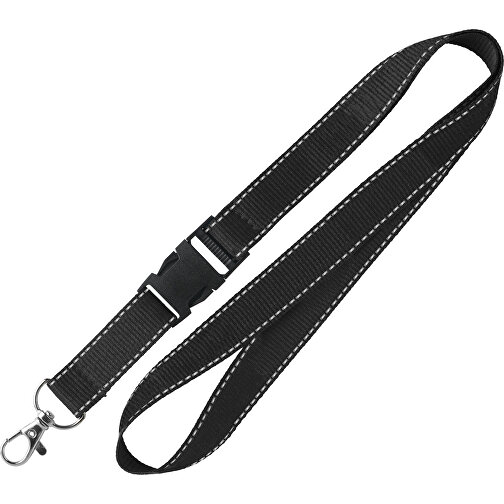 25 Mm Lanyard Mit Reflektierenden Fäden , schwarz, Polyester, 92,00cm x 2,50cm (Länge x Breite), Bild 1