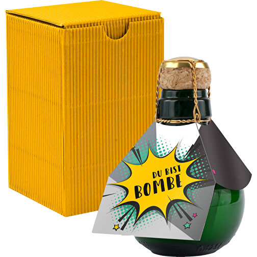 Kleinste Sektflasche Der Welt! Du Bist Bombe - Inklusive Geschenkkarton In Gelb , gelb, Glas, 7,50cm x 12,00cm x 7,50cm (Länge x Höhe x Breite), Bild 1