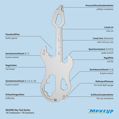 ROMINOX® Key Tool Guitar / Gitarre (19 Funktionen) , Edelstahl, 7,00cm x 0,23cm x 3,20cm (Länge x Höhe x Breite), Bild 10