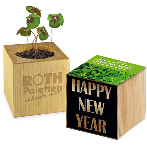 Pot cube bois Mini - Trèfle à 4 feuilles - 1 sites gravés au laser, Image 1