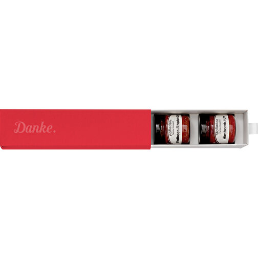 Dankebox 'Feinster Fruchtaufstrich' - Rot , rot, Papier, Pappe, Satin, 21,50cm x 5,50cm x 5,50cm (Länge x Höhe x Breite), Bild 1