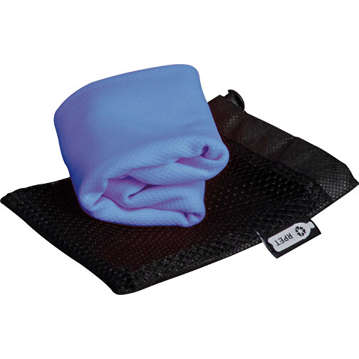 Kühlendes Handtuch Aus RPET-Material, 30x80cm , schwarz / blau, R-PET, 11,00cm x 14,50cm x 2,00cm (Länge x Höhe x Breite), Bild 2