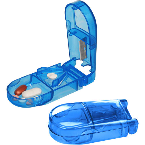Pillendose 'Lambda' , blau-transparent, PS+MET, 8,80cm x 2,60cm x 4,20cm (Länge x Höhe x Breite), Bild 1