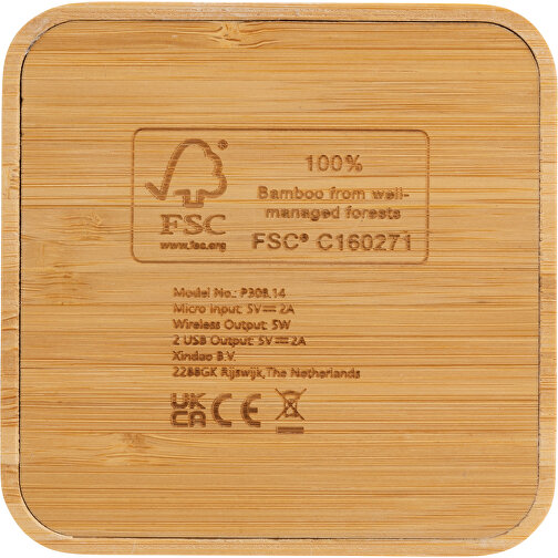 Cargador inalámbrico de 5W de bambú certificado FSC® con USB, Imagen 5