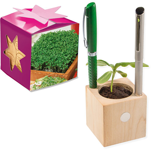 Pot cube boisde bureau en boite star-box avec graines - Cresson de jardin, 1 sites gravés au laser, Image 1