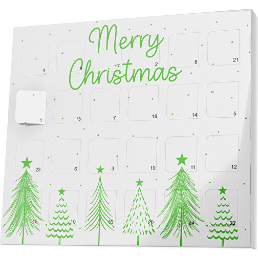 XS Adventskalender Merry Christmas Tanne , M&M\'s, weiss / grasgrün, Vollkartonhülle, weiss, 1,60cm x 12,00cm x 14,00cm (Länge x Höhe x Breite), Bild 1