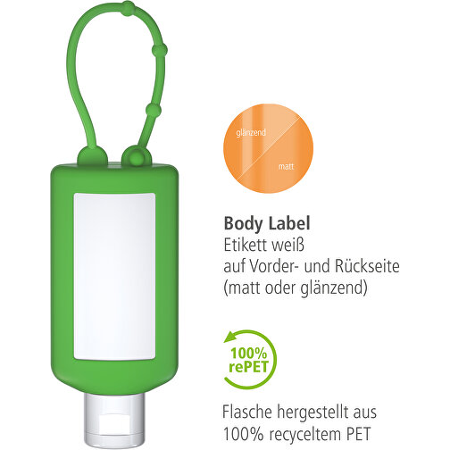 Sonnenmilch LSF 30 (sens.), 50 Ml Bumper (grün), Body Label (R-PET) , grün, Kunststoff (100% recycelt), Folie, Silikon, 2,20cm x 12,00cm x 4,70cm (Länge x Höhe x Breite), Bild 3