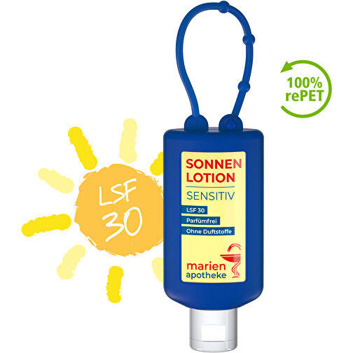 Sonnenmilch LSF 30 (sens.), 50 Ml Bumper (blau), Body Label (R-PET) , blau, Kunststoff (100% recycelt), Folie, Silikon, 2,20cm x 12,00cm x 4,70cm (Länge x Höhe x Breite), Bild 2