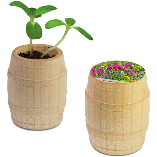 Mini-tonneau en bois avec graines - Mélange de fleurs d été, gravure laser, Image 1