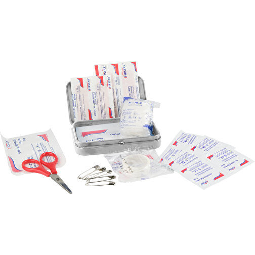 First Aid Box Compact, 27-teilig In Metalldose , grau, Gemischt, 11,80cm x 2,50cm x 7,00cm (Länge x Höhe x Breite), Bild 2