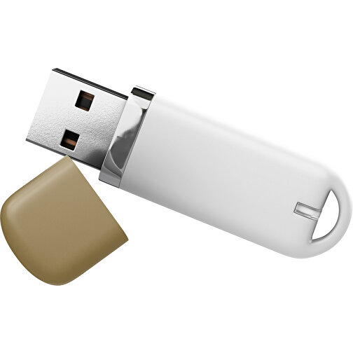 USB-Stick StylishDrive 2.0 , weiß / gold MB , 16 GB , Gummiplastik, Kunststoff MB , 6,20cm x 0,75cm x 2,00cm (Länge x Höhe x Breite), Bild 1