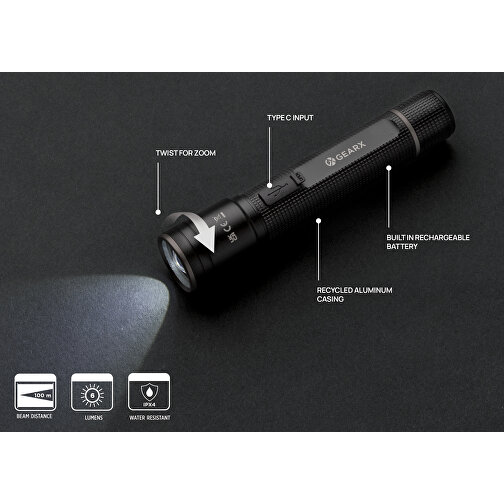 Gear X Taschenlampe Aus RCS Recycelt. Aluminium Mit USB-Akku , schwarz, Recycelte Aluminiumlegierung, 12,50cm (Höhe), Bild 6