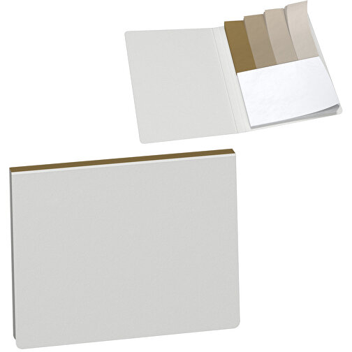 Recycling Haftnotiz-Set René , weiss / gold, Recyclingkarton, Recyclingpapier, 10,50cm x 0,60cm x 7,50cm (Länge x Höhe x Breite), Bild 1