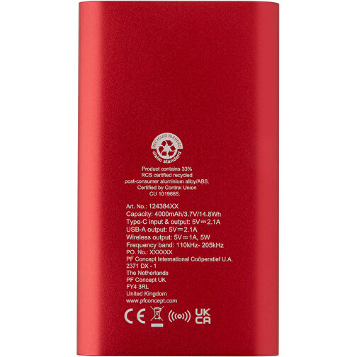 Juice 4000 MAh Typ-C Kabellose Powerbank Aus Recyceltem Aluminium , rot, Recycled Aluminium, 12,00cm x 1,00cm x 6,80cm (Länge x Höhe x Breite), Bild 5